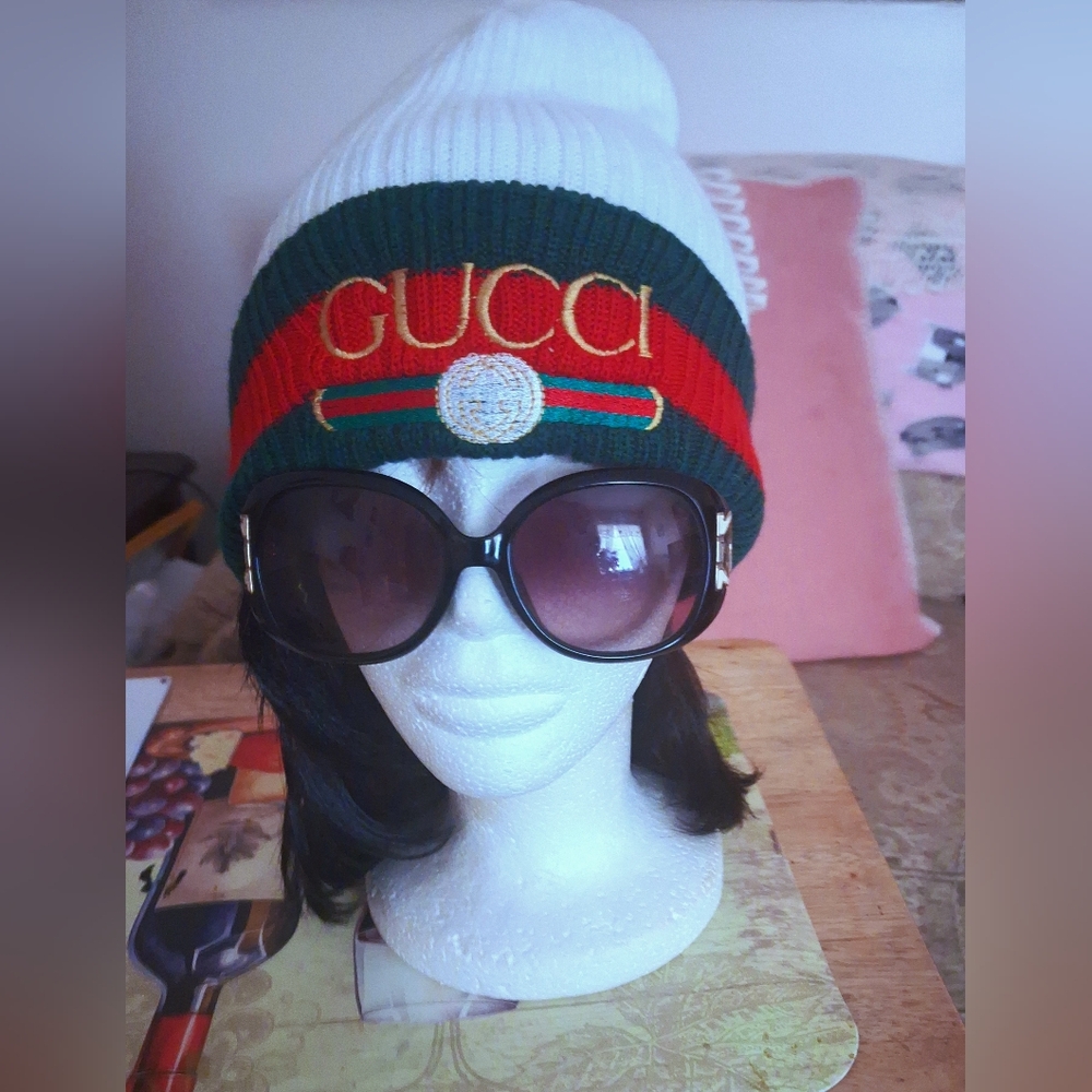 NEW Custom Made  Designer Unisex White, Green & Gold Logo Beanie Winter Hat